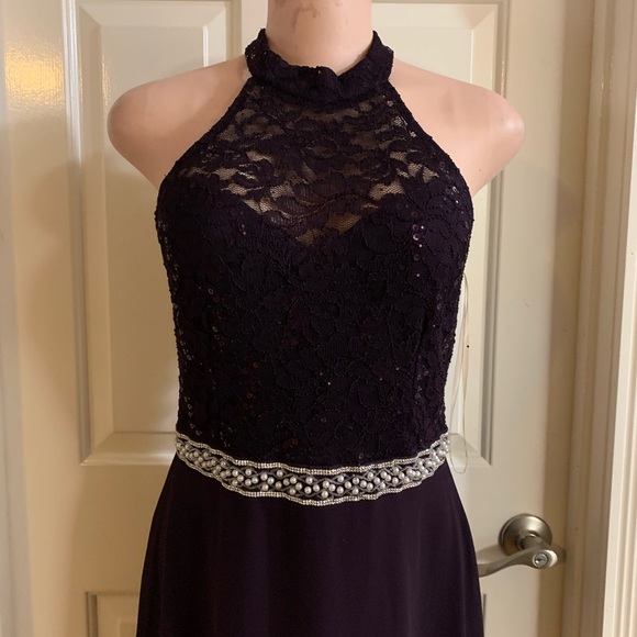 Women junior purple lace top halter maxi dress size (S) sleeveless zipper back - Picture 7 of 11